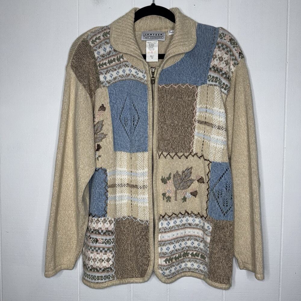 Jantzen Classics Women’s Vintage Hand Embroidered Zip Sweater Fall Patchwork M